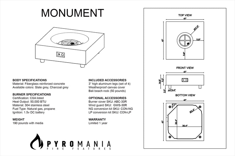 PyroMania Fire Monument | Electric Fire Pit | Propane Fire Pit | Natural Gas Fire Pit | Square Fire Pit | Concrete Fire Pit | 50,000 BTUs Fire Pit